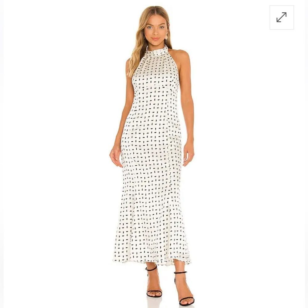 REVOLVE Cream Halter Maxi Dress with Black Dot Print
